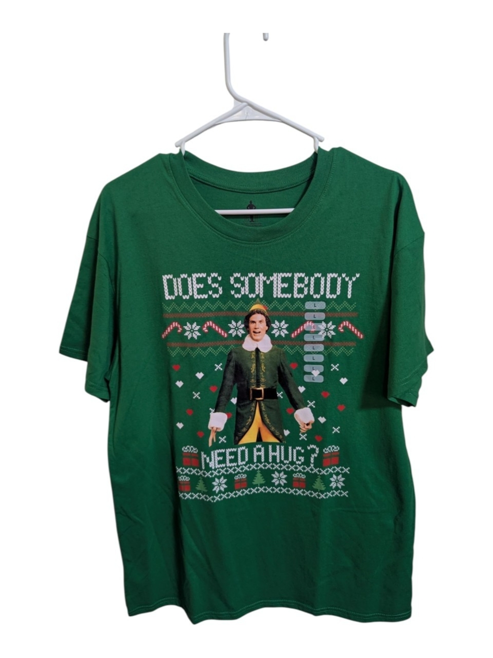 Elf Women's Graphic T Shirt Large Green Does Somebody Need a Hug? Holiday Unisex